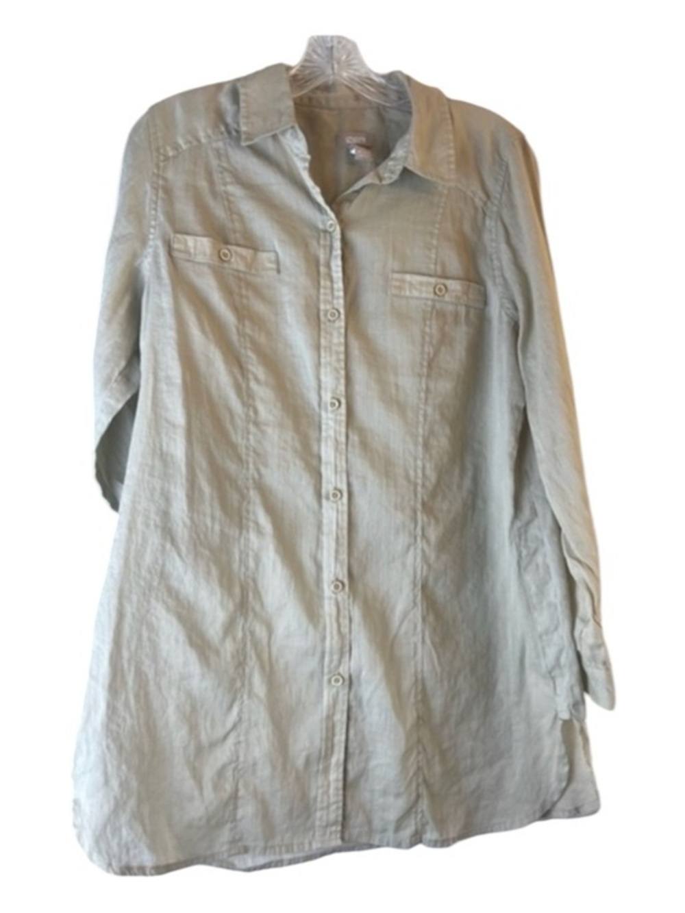 Chico’s Linen Button-Up Tunic Shirt – Size 1 (Medium) Neutral Beige Coastal Chic